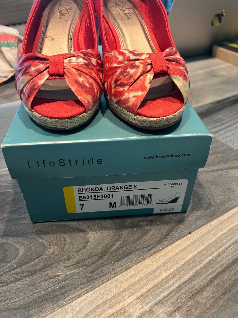 Life Stride Orange Tie-Front Peep-Toe Wedge Sandals